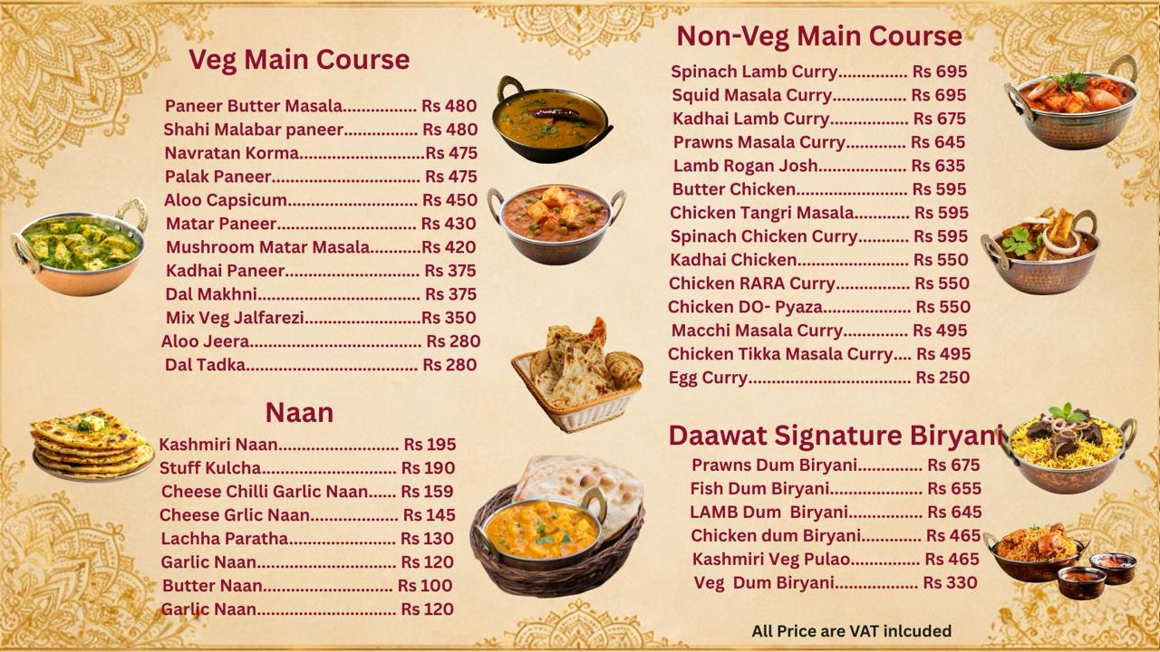 Daawat menu board with street food, starters, thali, rice, and drinks