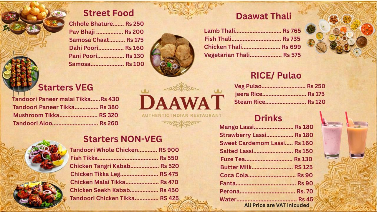 Daawat menu board with main courses, naan, and biryani